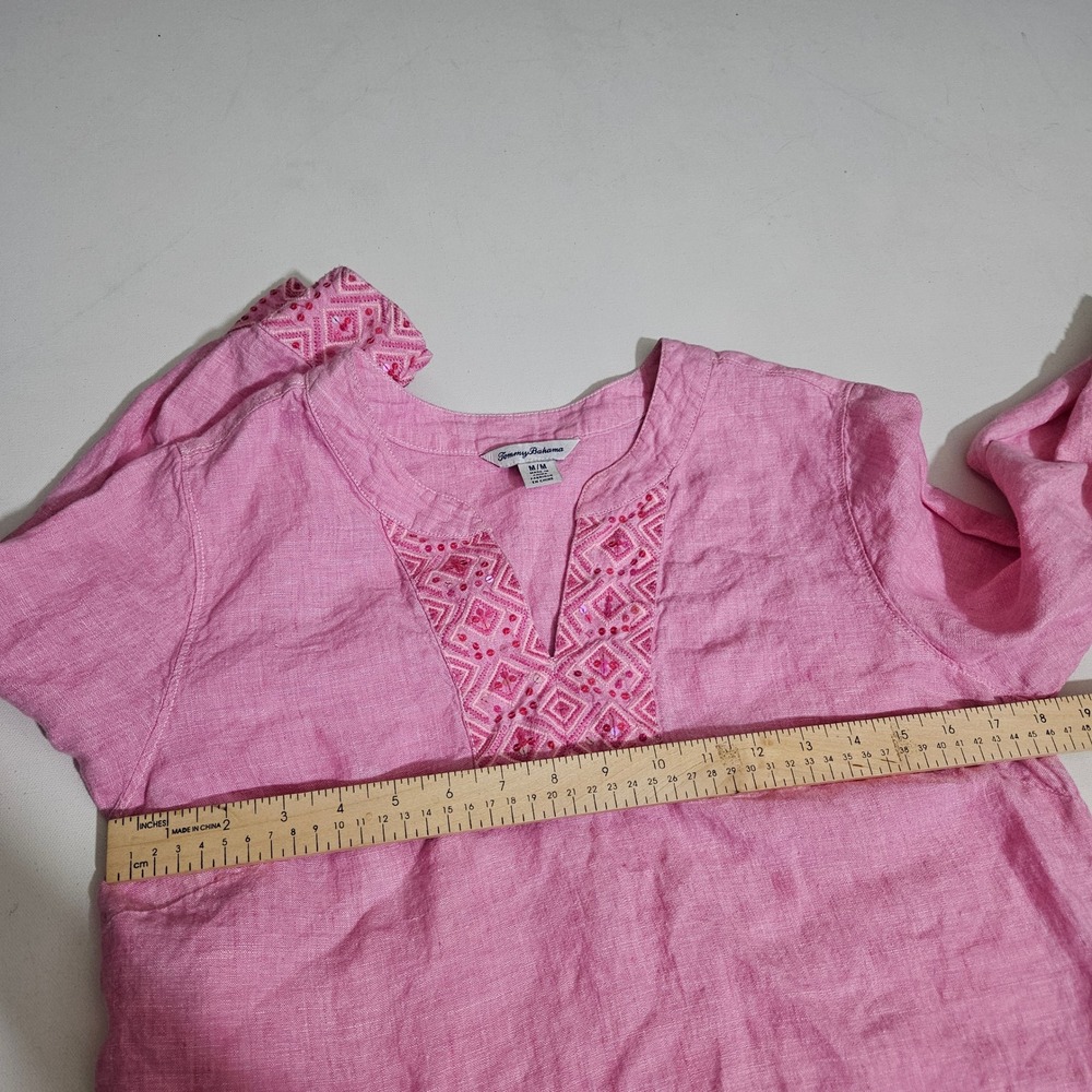 Tommy Bahama Pink Linen Embroidered Sequin V-Neck Tunic Blouse Mens Medium - Picture 5 of 6